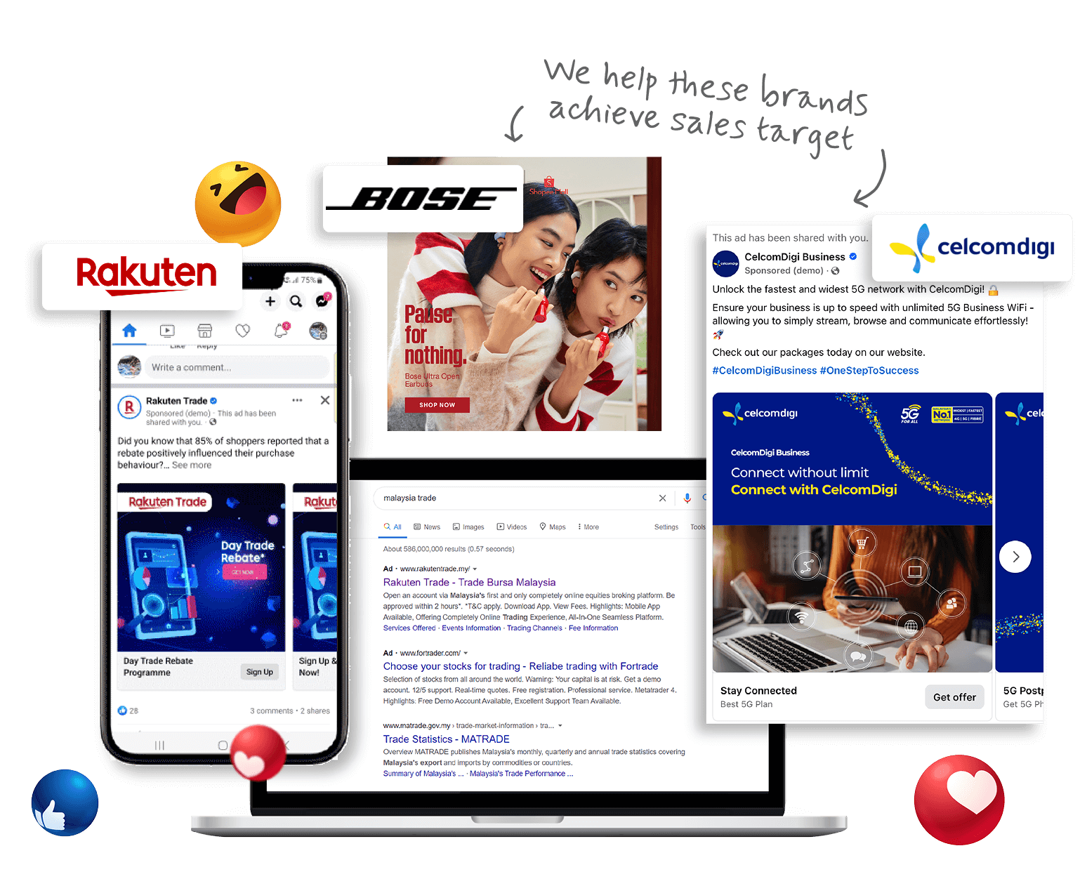 We help these brands achieve sales target. Rakuten BOSE celcomdigi