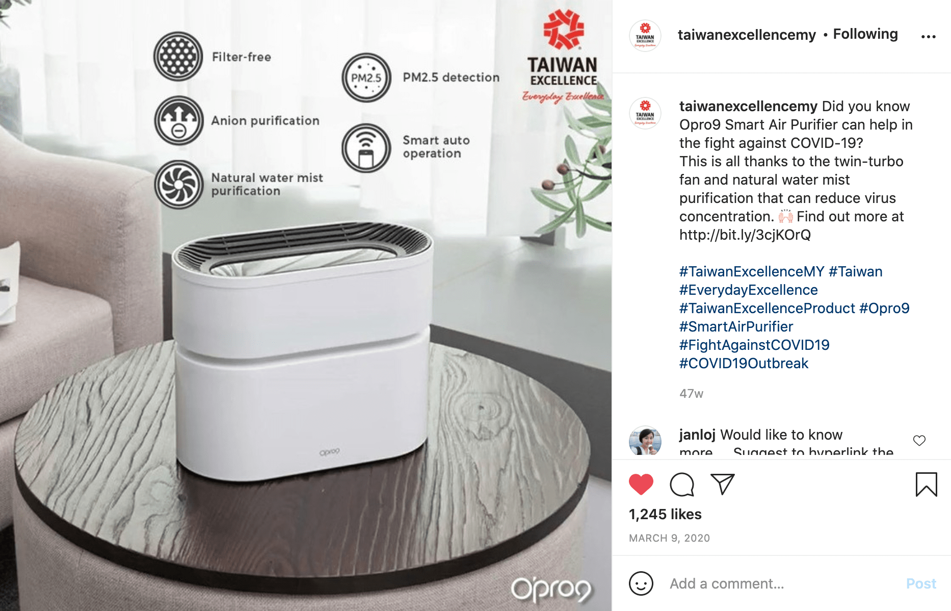 Taiwan Excellence - Opro9 Smart Air Purifier Instagram Post