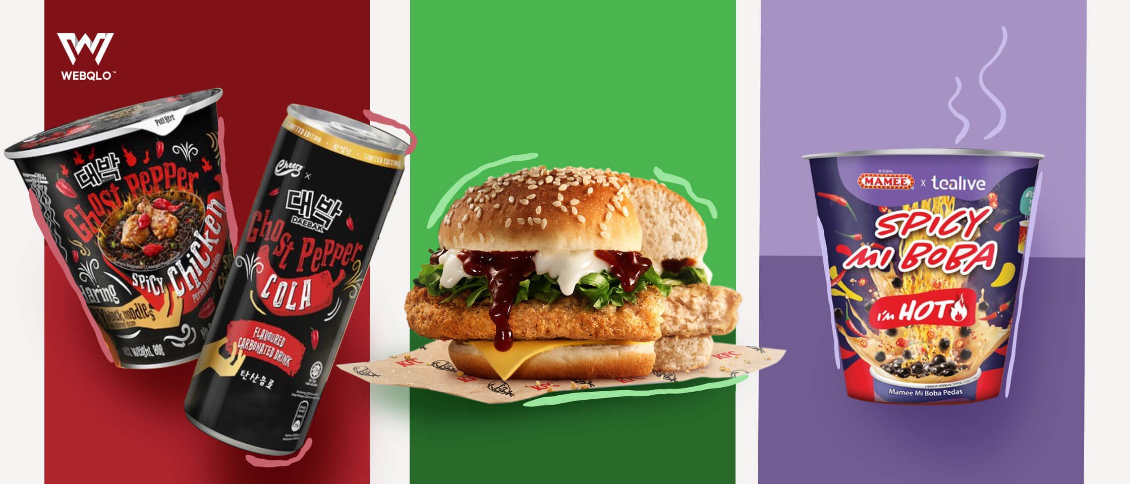 KFC's Zero Chicken Burger, Daebak's Ghost Pepper Cola, and Tealive's Spicy Mi Boba